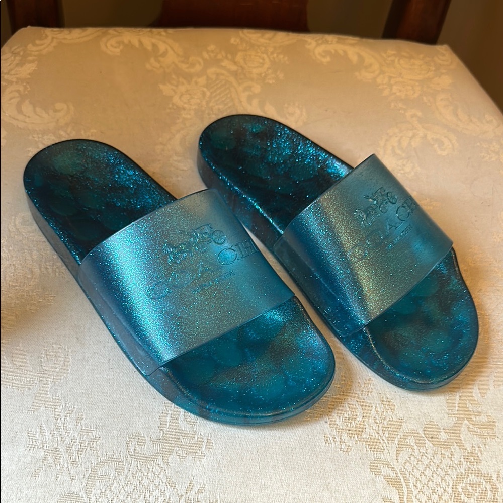 Coach NWOT Ulyssa blue sparkle jelly glitter slides